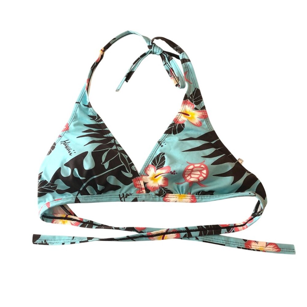 Steven Wear Bikini Top Triangle Halter Hawaii Tropical Removable Cups Blue M